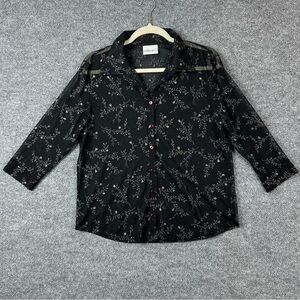 Fashion Bug Womens Blouse Black Sz S Sheer Button-Up Shirt Floral Design Vintage